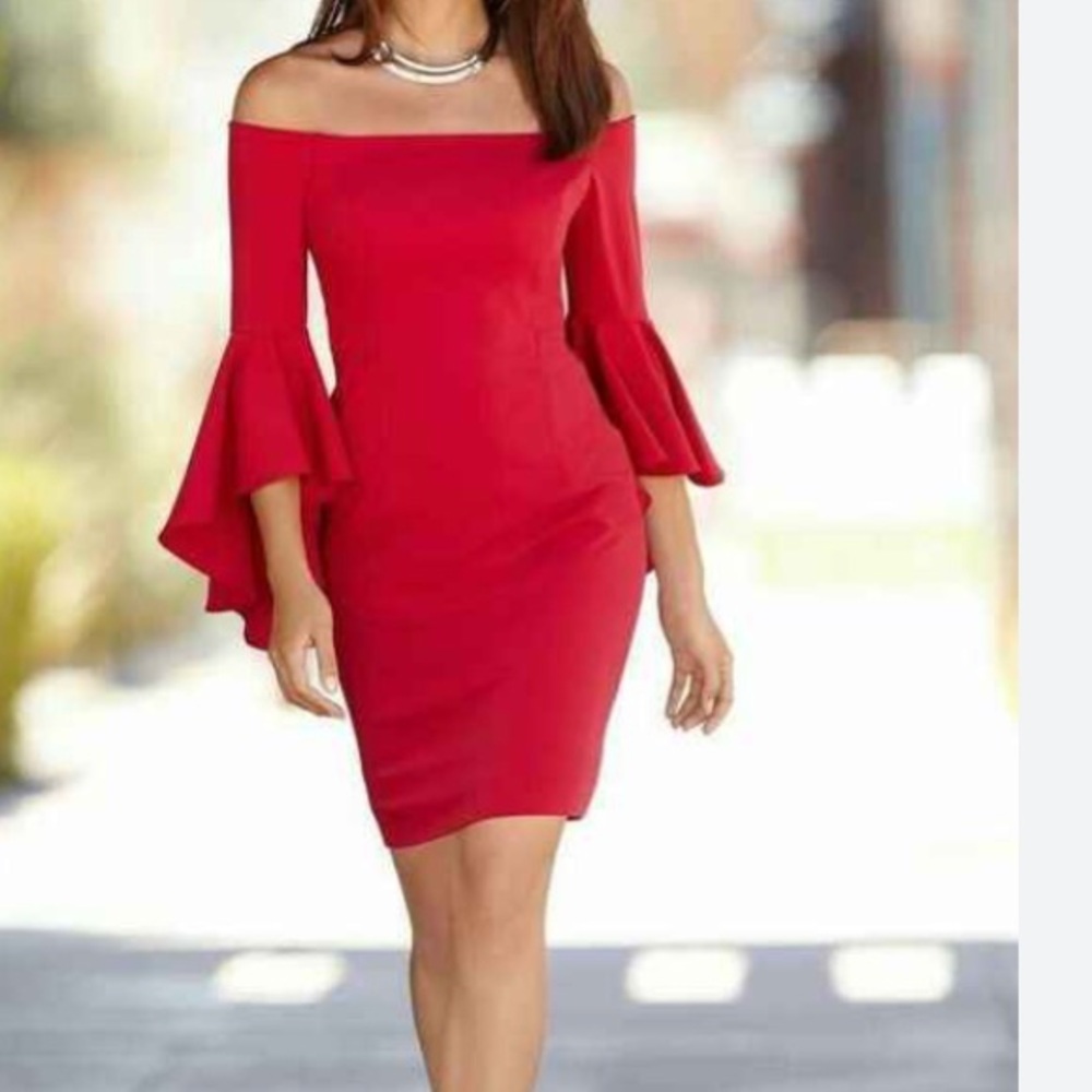 R & M Richards Vibrant Red Long And Flared Sleeves (Bell-shaped) Short Dress
